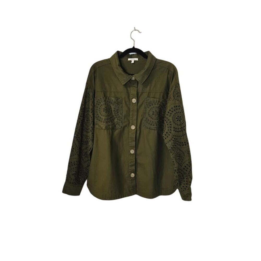Maurices Womens Embroidered Shacket Size Large Green Utility Bohemian